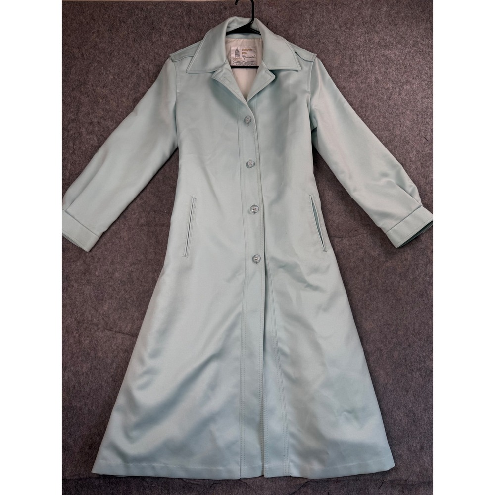 London Fog Trench Coat Womens 14 Reg Mint Green Vintage Maincoat Belted Classic